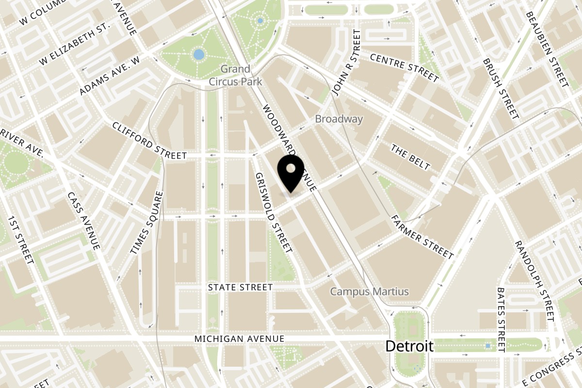 Map showing the location of Iggy's Eggies Detroit on 34 W Grand River Ave in Detroit